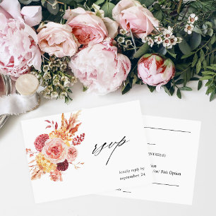 Golden Burgundy Blush Pink Floral w Meal RSVP 2 Card