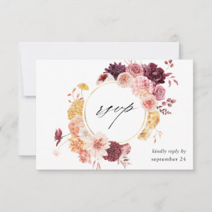 Golden Burgundy Blush Pink Floral w Meal RSVP Card