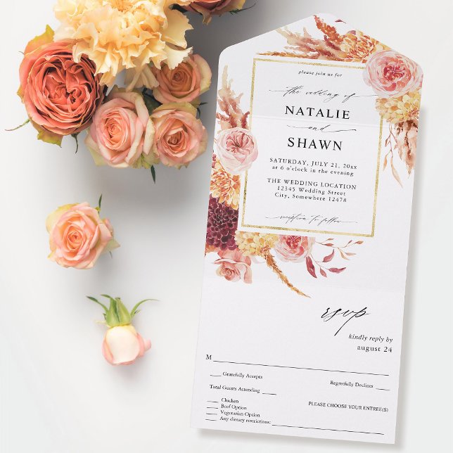Golden Burgundy & Blush Pink Floral Wedding All In One Invitation (Creator Uploaded)