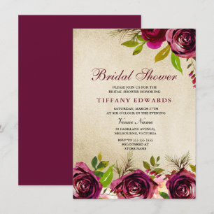 Golden Burgundy Floral Bridal Shower Invitation