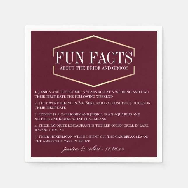 Golden Burgundy Fun Facts Personalised Napkin (Front)