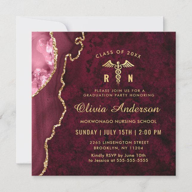 Golden Burgundy RN Nursing School Graduation Party Invitation (Front)