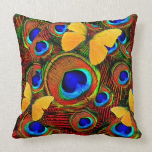 Golden Butterflies Blue Peacock Feathers Cushion