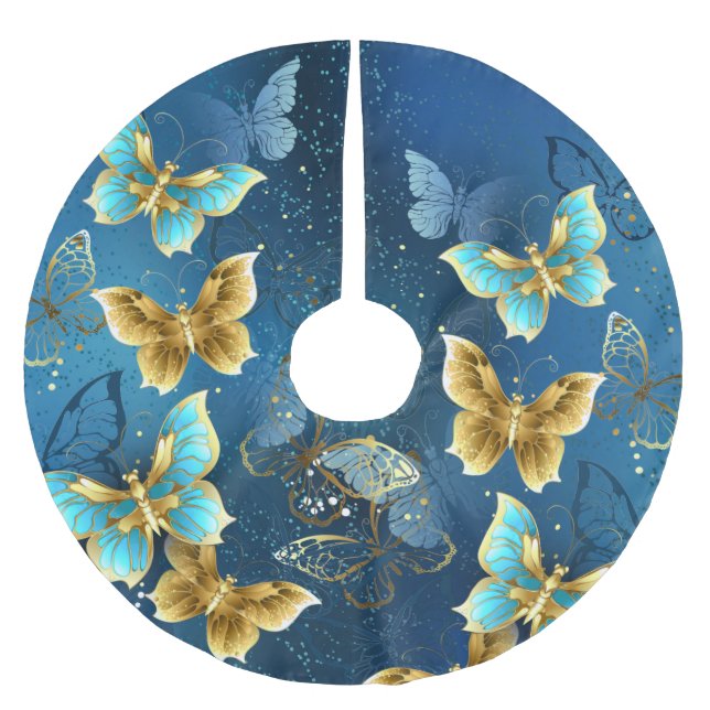 Golden butterflies brushed polyester tree skirt (Front)
