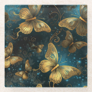 Golden Butterflies Glass Coaster