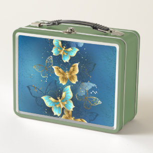 Golden butterflies metal lunch box