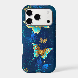 Golden Butterflies on a Blue Background