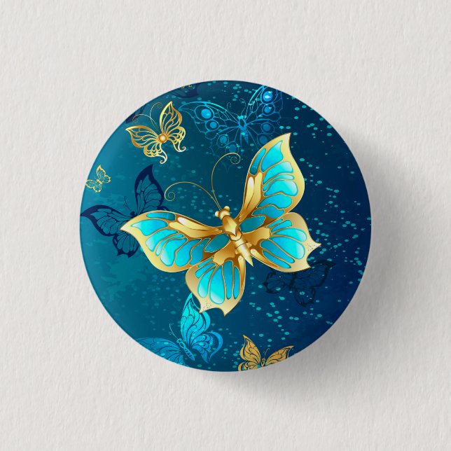 Golden Butterflies on a Blue Background 3 Cm Round Badge (Front)