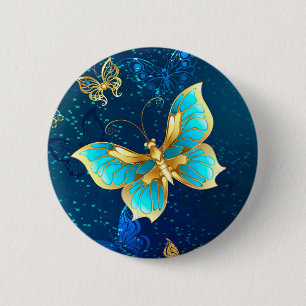 Golden Butterflies on a Blue Background 6 Cm Round Badge