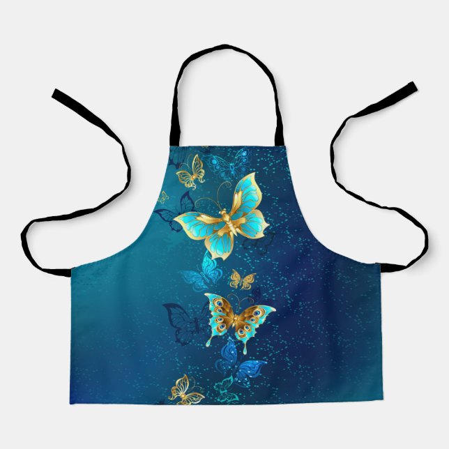 Golden Butterflies on a Blue Background Apron (Front)