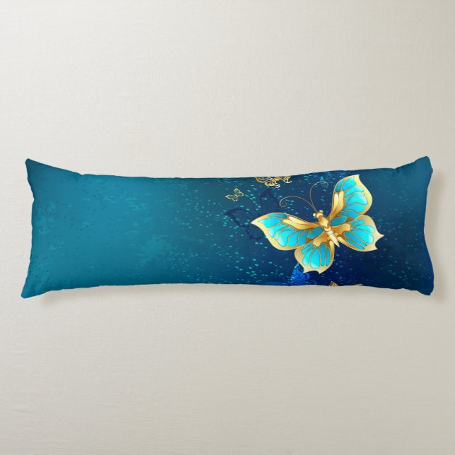 Golden Butterflies on a Blue Background Body Cushion (Front)