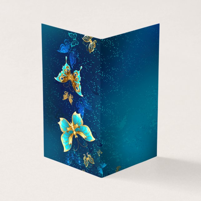 Golden Butterflies on a Blue Background Business Card (Outside)