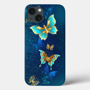 Golden Butterflies on a Blue Background iPhone 13 Case
