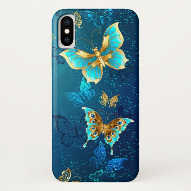 Golden Butterflies on a Blue Background Case-Mate iPhone Case (Back)
