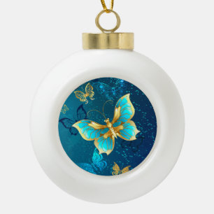 Golden Butterflies on a Blue Background Ceramic Ball Christmas Ornament