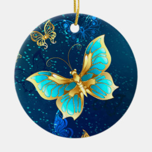 Golden Butterflies on a Blue Background Ceramic Ornament