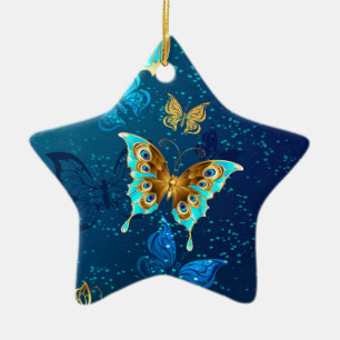 Golden Butterflies on a Blue Background Ceramic Ornament