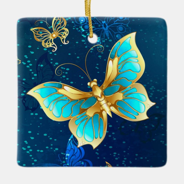Golden Butterflies on a Blue Background Ceramic Ornament (Front)