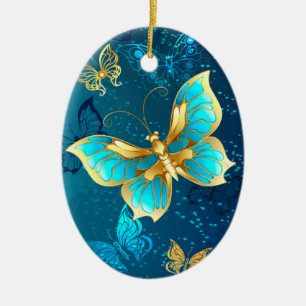 Golden Butterflies on a Blue Background Ceramic Ornament