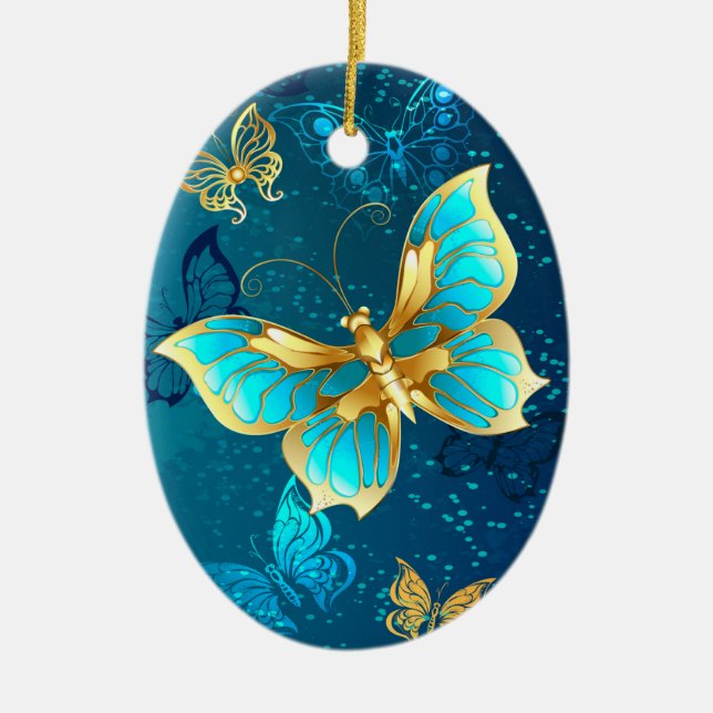 Golden Butterflies on a Blue Background Ceramic Ornament (Front)