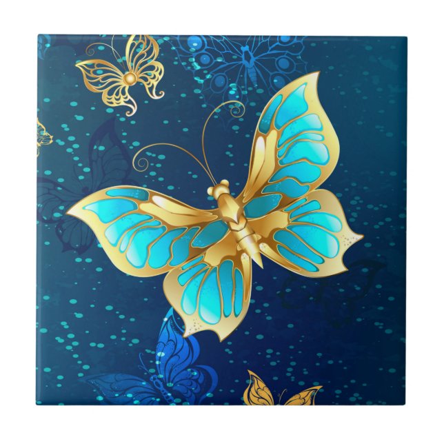 Golden Butterflies on a Blue Background Ceramic Tile (Front)