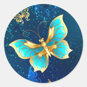 Golden Butterflies on a Blue Background Classic Round Sticker