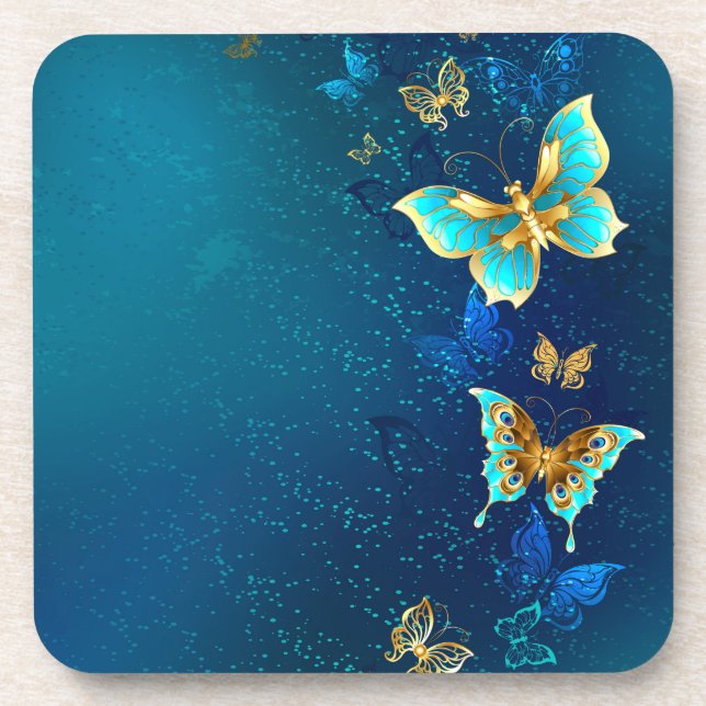 Golden Butterflies on a Blue Background Coaster (Front)