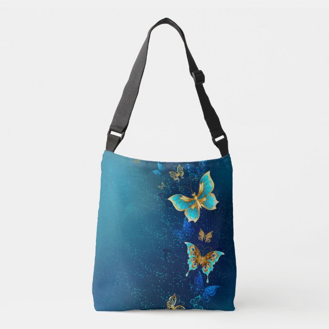 Golden Butterflies on a Blue Background Crossbody Bag (Front)