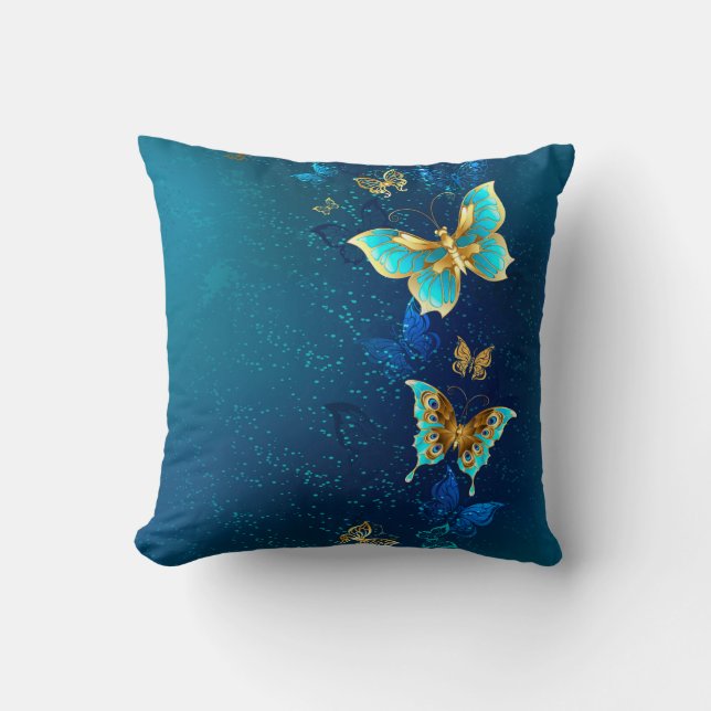 Golden Butterflies on a Blue Background Cushion (Front)