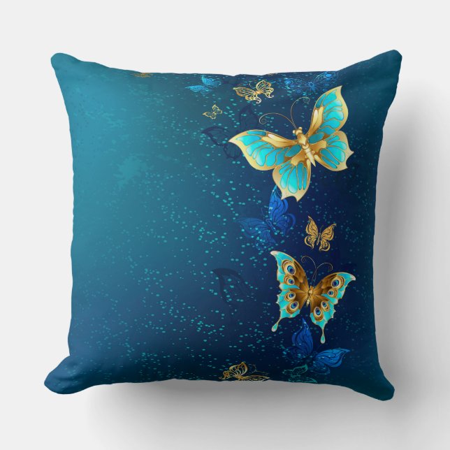 Golden Butterflies on a Blue Background Cushion (Front)