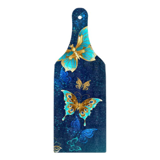 Golden Butterflies on a Blue Background Cutting Board (Front)