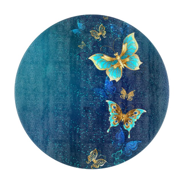 Golden Butterflies on a Blue Background Cutting Board (Front)