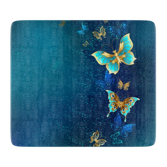 Golden Butterflies on a Blue Background Cutting Board (Front)