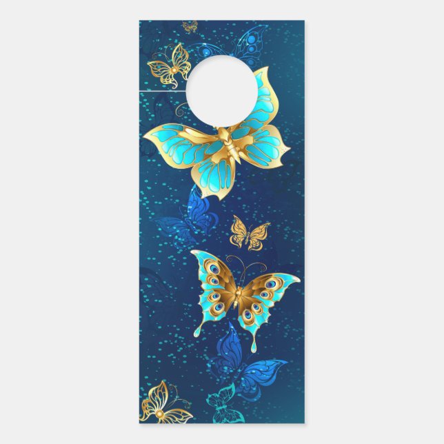 Golden Butterflies on a Blue Background Door Hanger (Front)