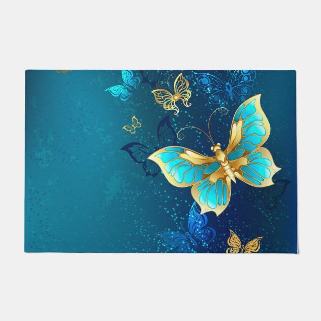 Golden Butterflies on a Blue Background Doormat (Front)