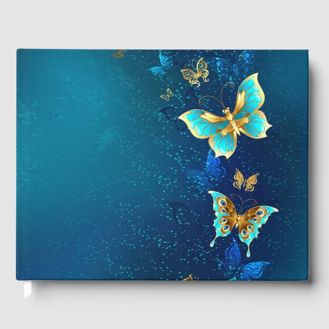 Golden Butterflies on a Blue Background Guest Book (Front)