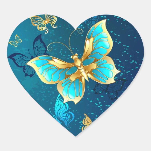 Golden Butterflies on a Blue Background Heart Sticker (Front)