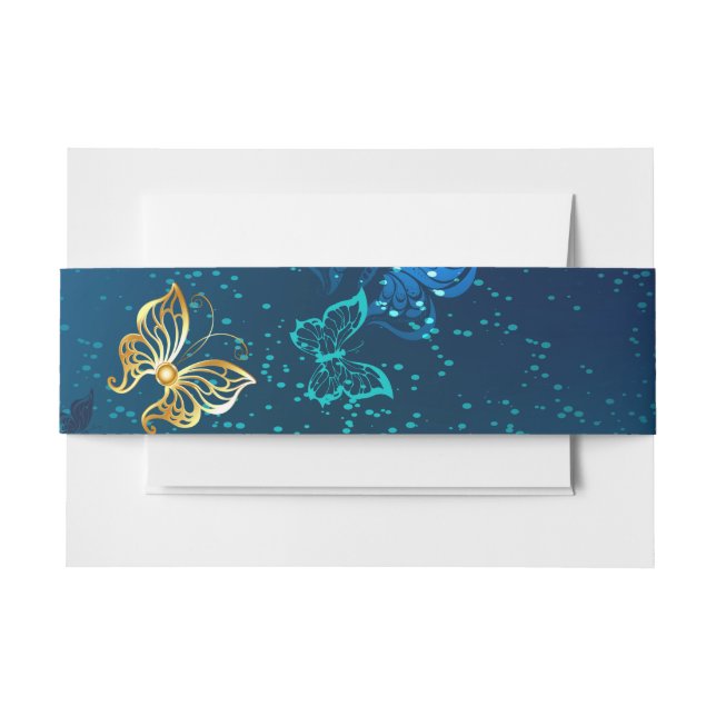 Golden Butterflies on a Blue Background Invitation Belly Band (Front Example)