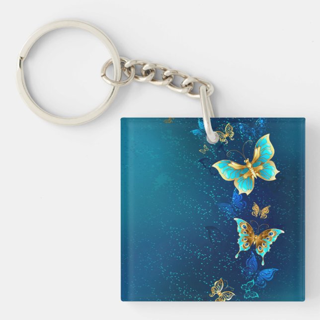 Golden Butterflies on a Blue Background Key Ring (Front)