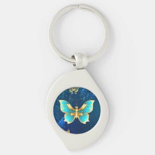 Golden Butterflies on a Blue Background Key Ring
