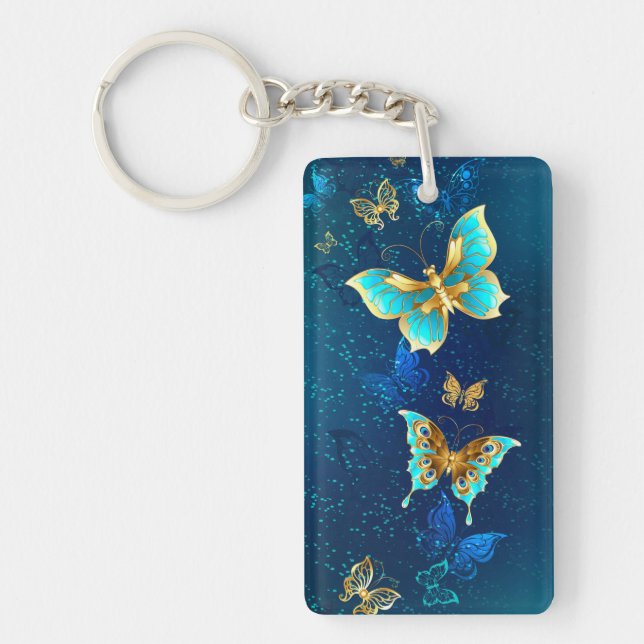 Golden Butterflies on a Blue Background Key Ring (Front)