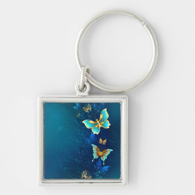 Golden Butterflies on a Blue Background Key Ring (Front)