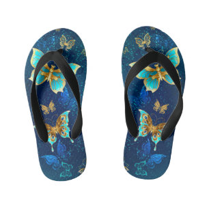 Golden Butterflies on a Blue Background Kid's Thongs