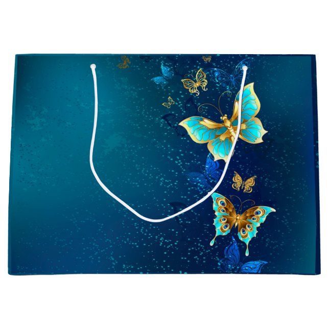 Golden Butterflies on a Blue Background Large Gift Bag (Front)