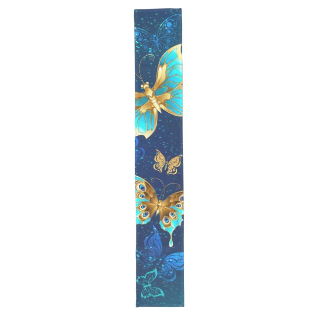 Golden Butterflies on a Blue Background Long Table Runner (Front)