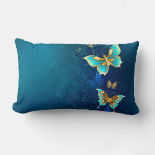 Golden Butterflies on a Blue Background Lumbar Cushion