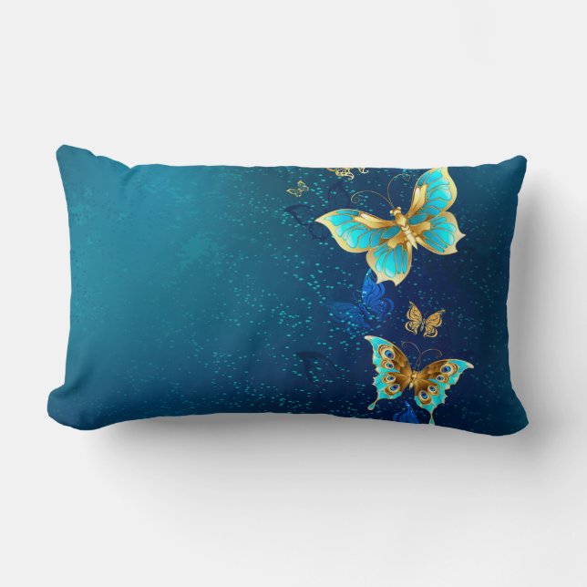 Golden Butterflies on a Blue Background Lumbar Cushion (Front)