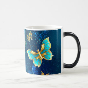 Golden Butterflies on a Blue Background Magic Mug