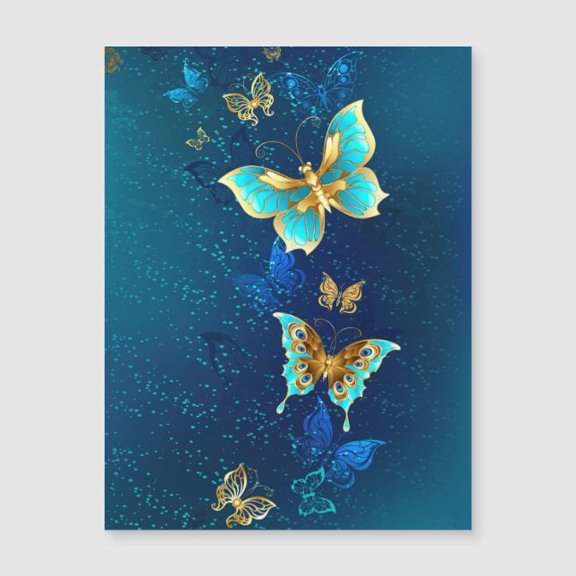 Golden Butterflies on a Blue Background Magnetic Invitation (Front)