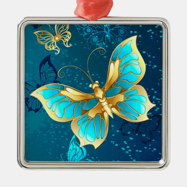 Golden Butterflies on a Blue Background Metal Ornament (Front)